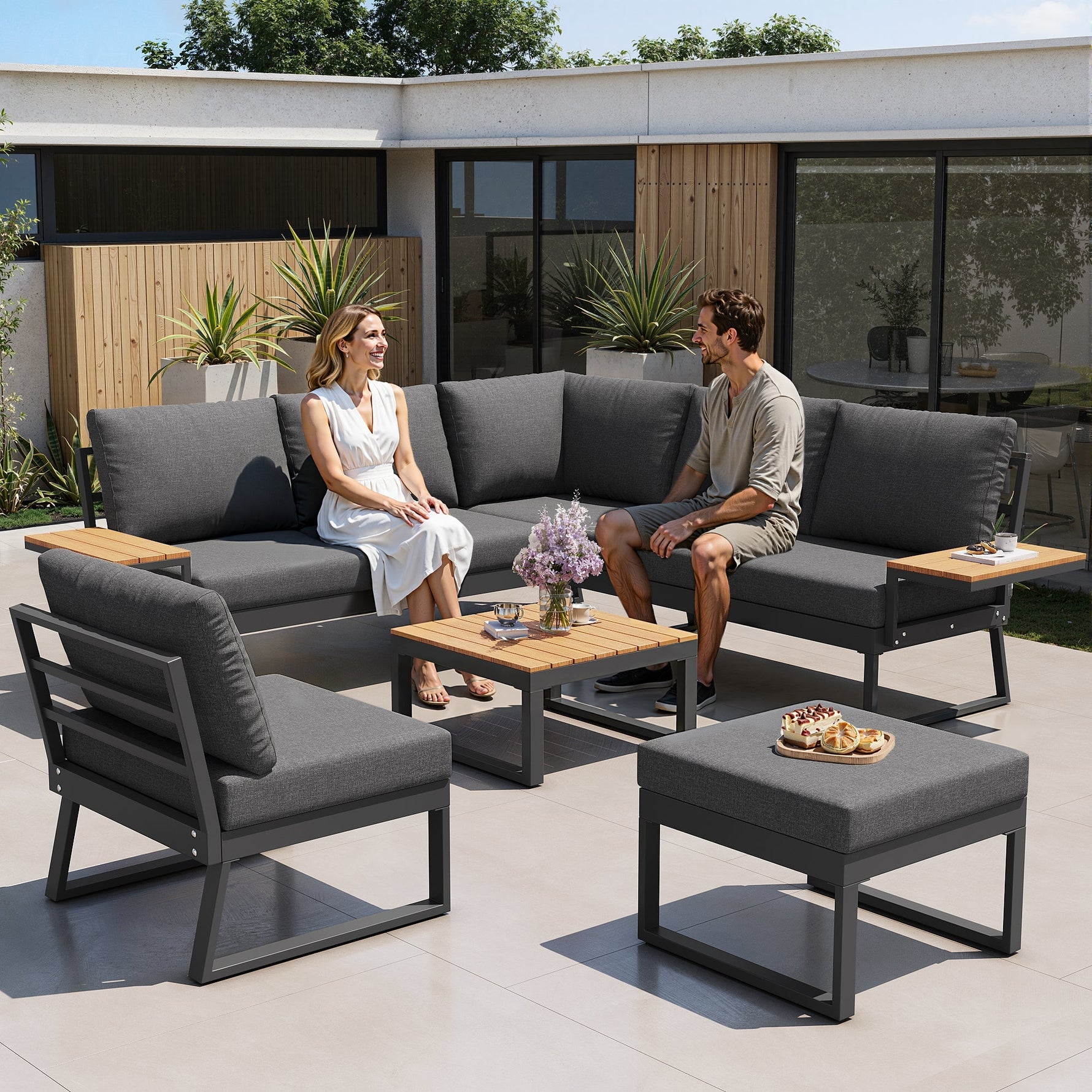 L-shaped Garden Sofa Set Weatherproof 7-Seater Corner Lounger Wooden Armrests Iron Grey/Beige