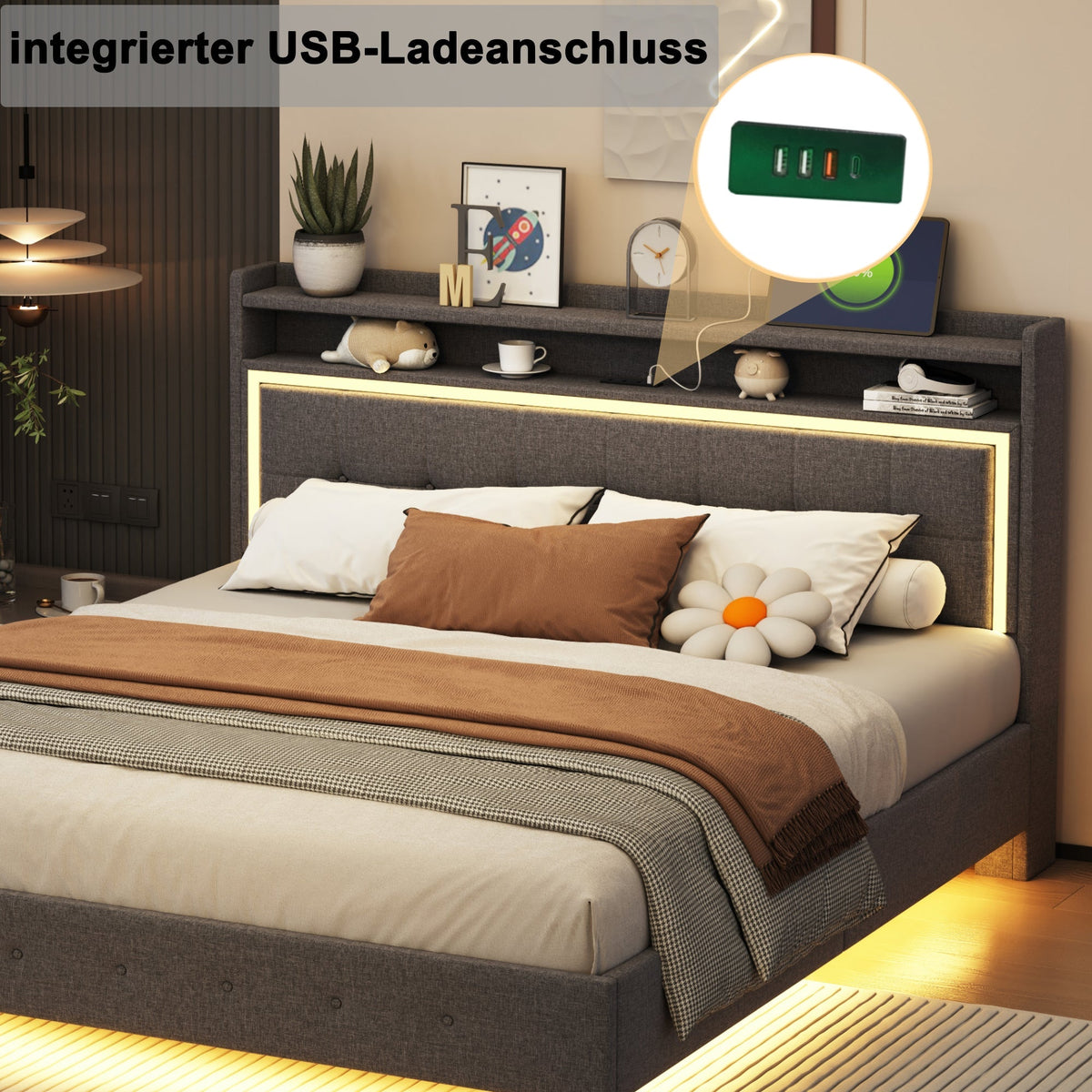 Upholstered Bed 140x200, USB & LED Light, Linen Fabric Gray