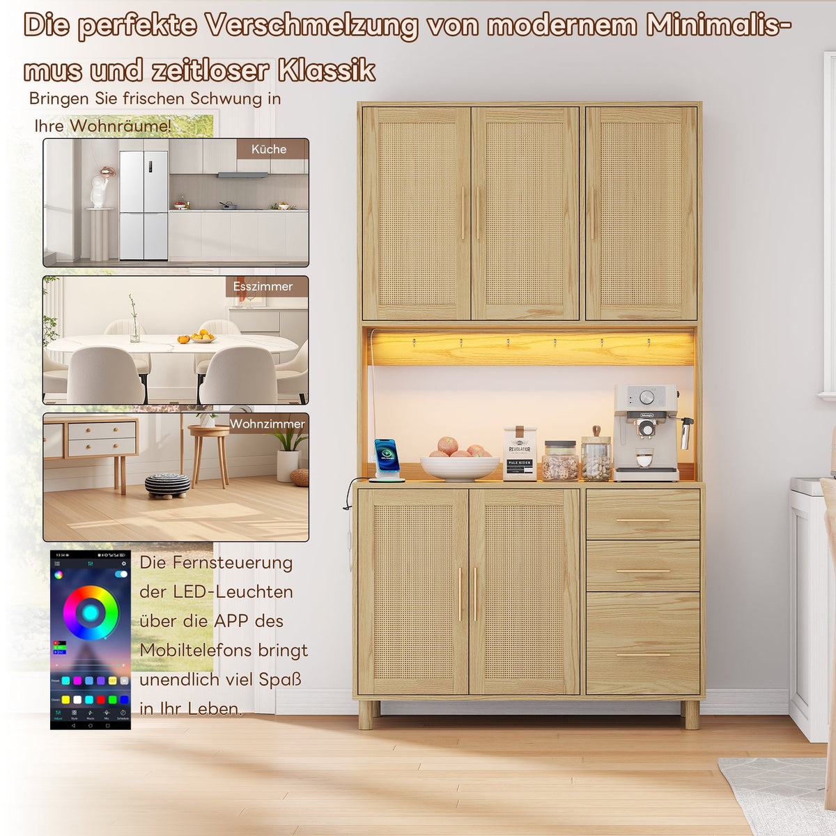 Kitchen Sideboard Buffet 183cm LED Charging Station 3 Drawers Gold Handles