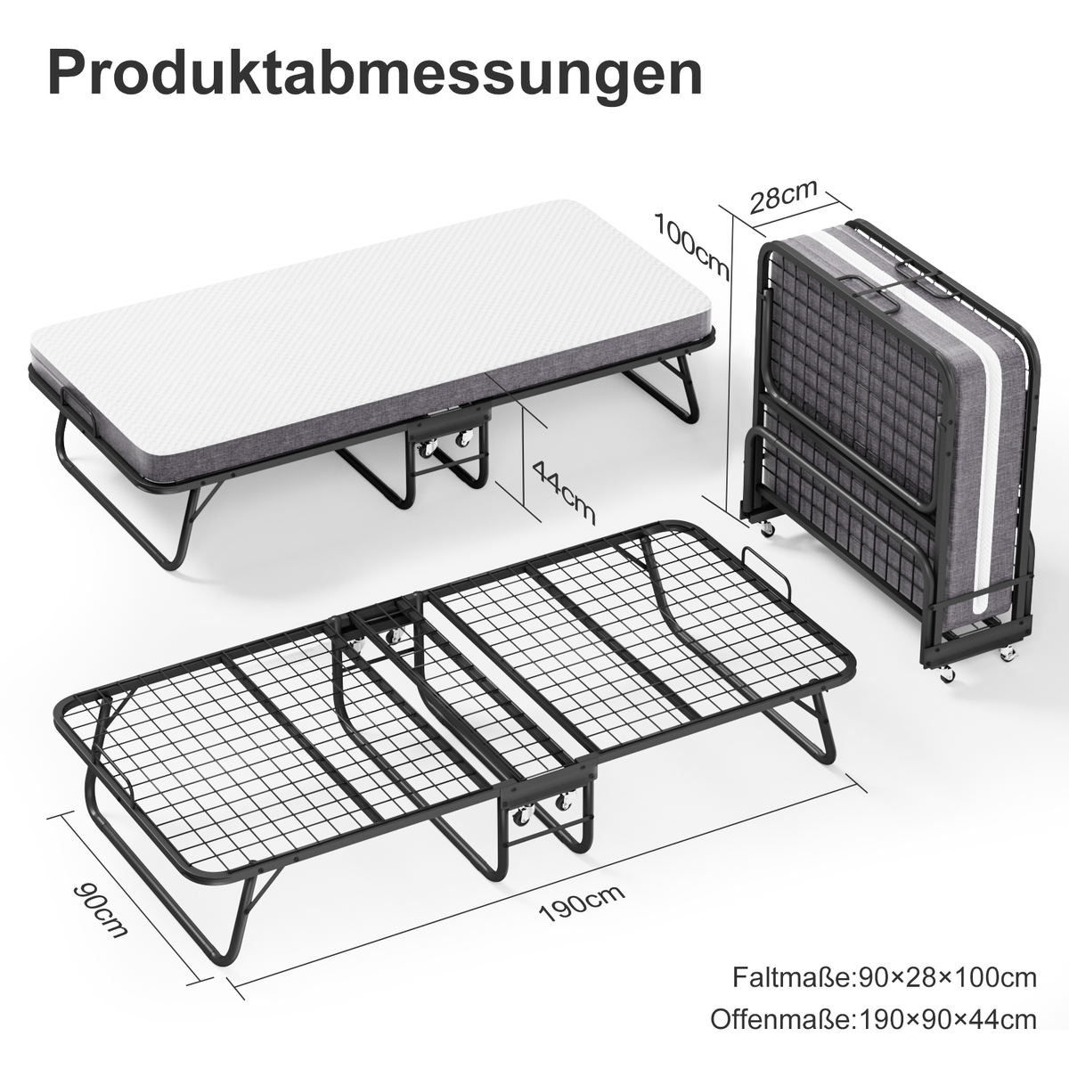 Folding Bed 90x190cm 10cm Memory Foam Mattress, Wheels, Black
