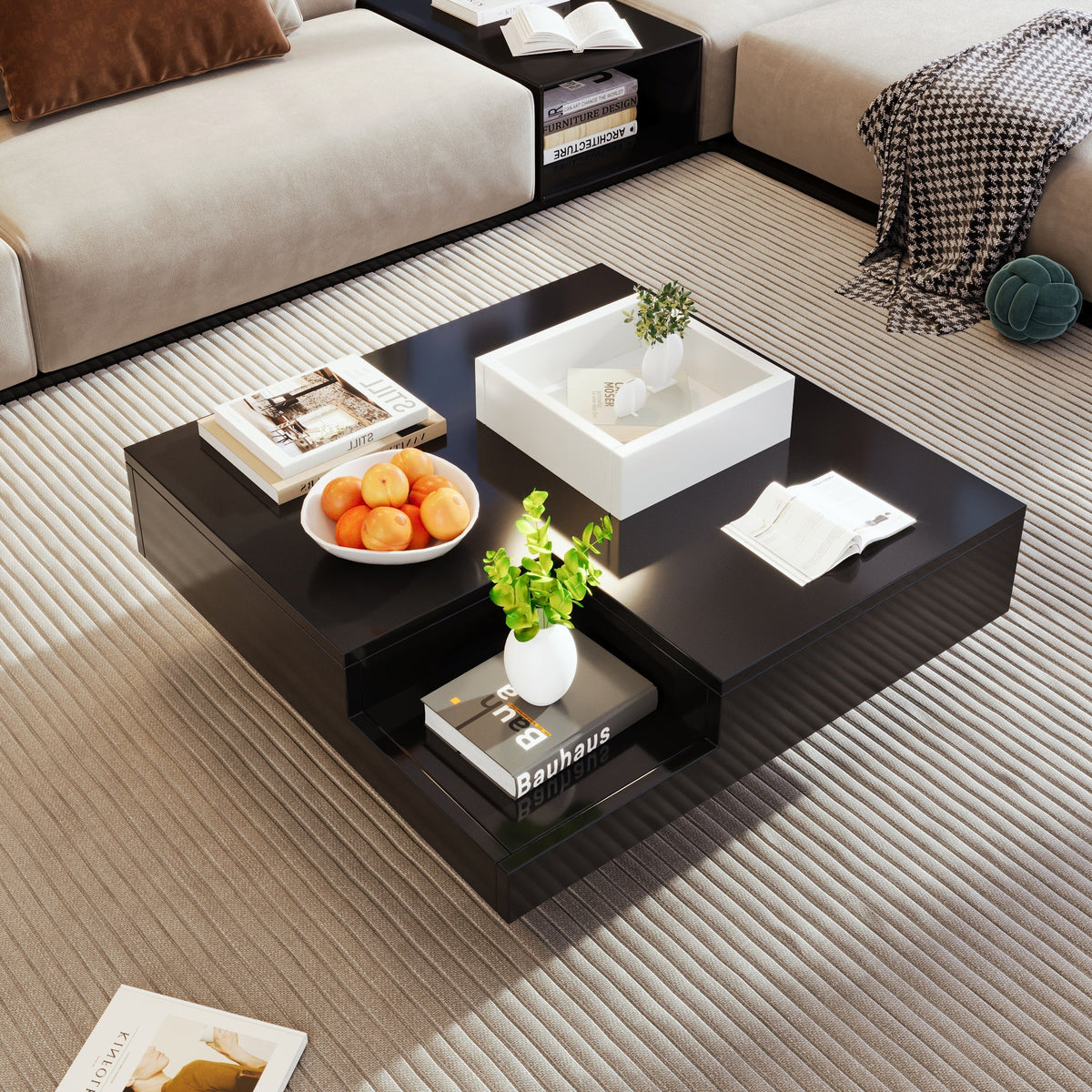 Coffee Table high gloss with removable storage box LED light effect white and black