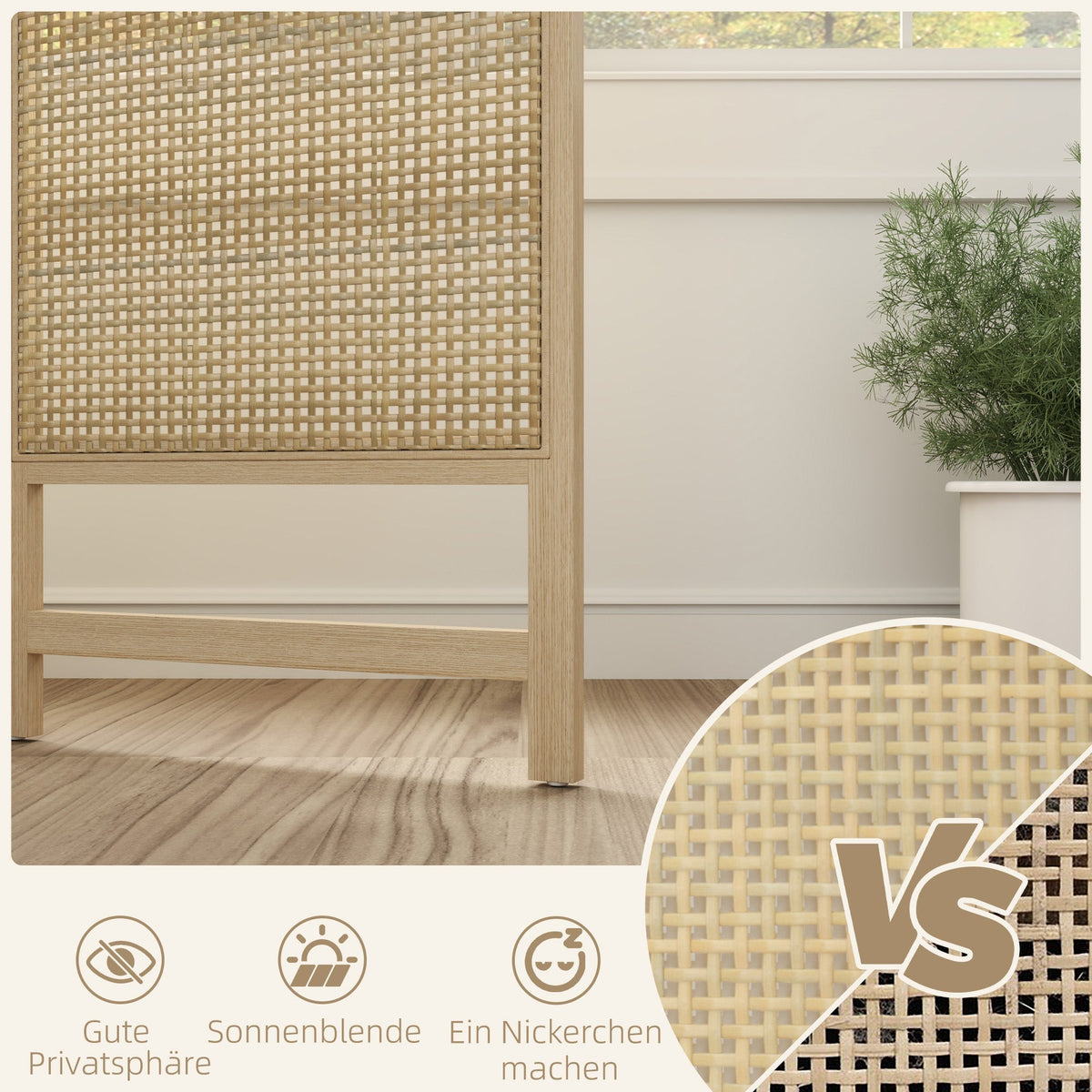 Folding Screen 3-Part Room Divider PP Rattan, Natural