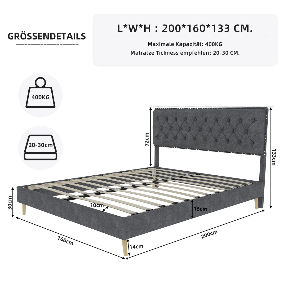 Modern Minimalist Soft Bed, Comfortable Headboard, Low Box Frame, Gray