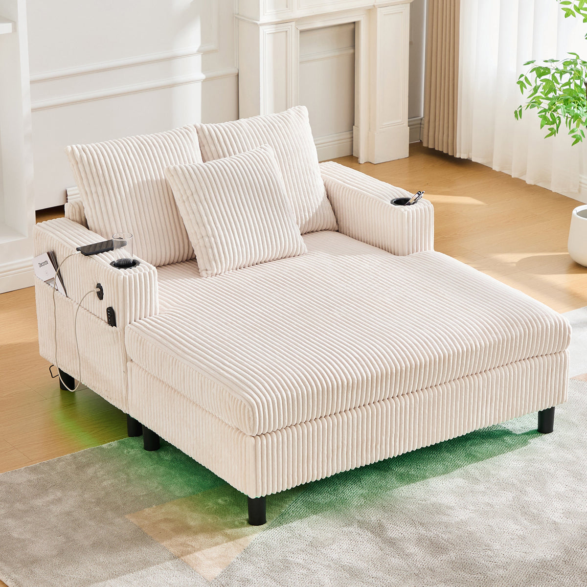 Chaise Longue Recliner with Cupholders, USB, LED Lighting, Soft