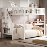 Children's Bunk Bed with Stairs, Safety Railing, Star/Moon Decoration, Solid Wood, White