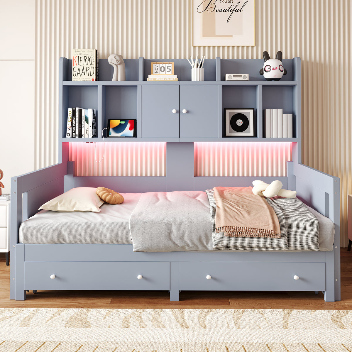 Extendable Sofa Bed with Storage & LED Lighting, Grey Wood