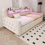 Upholstered Sofa Bed with Hydraulic Storage, LED Lighting and Charging Station, 90x200cm, Beige Velvet
