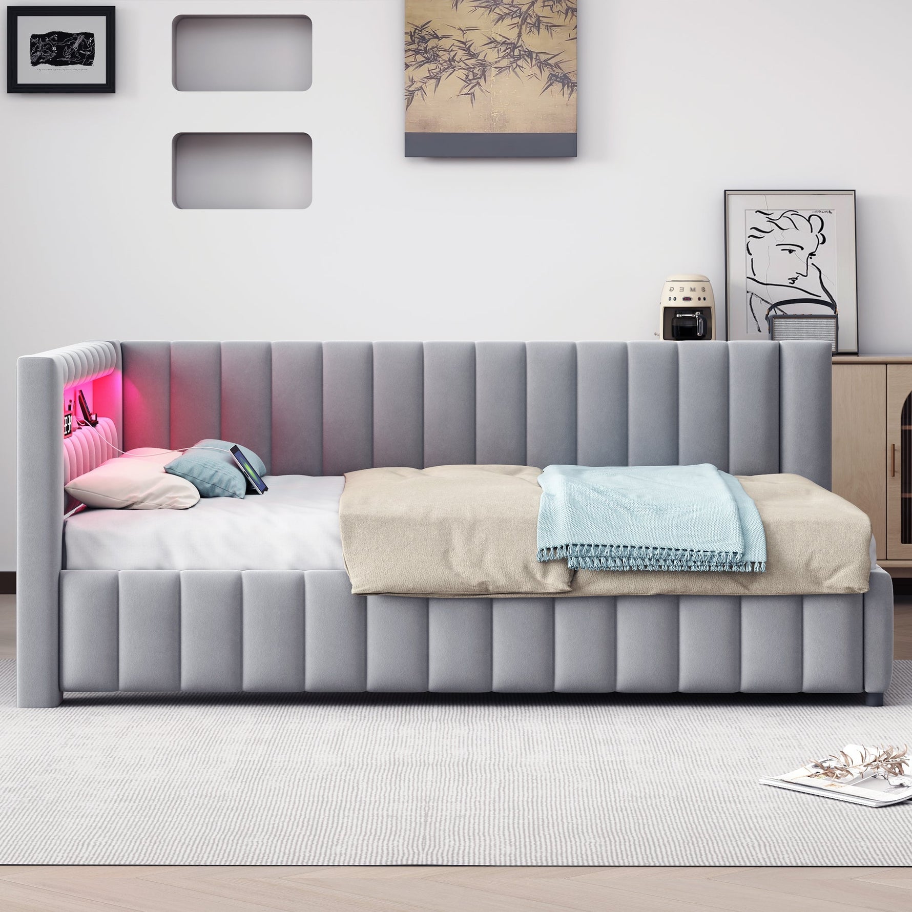 Sofa bed 140x200, LED light USB port, velvet grey