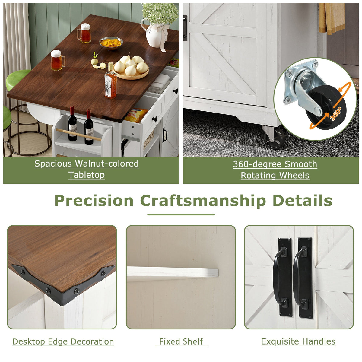 Kitchen Island Mobile Extendable Worktop 2 Sliding Doors 3 Drawers - Wood Grain