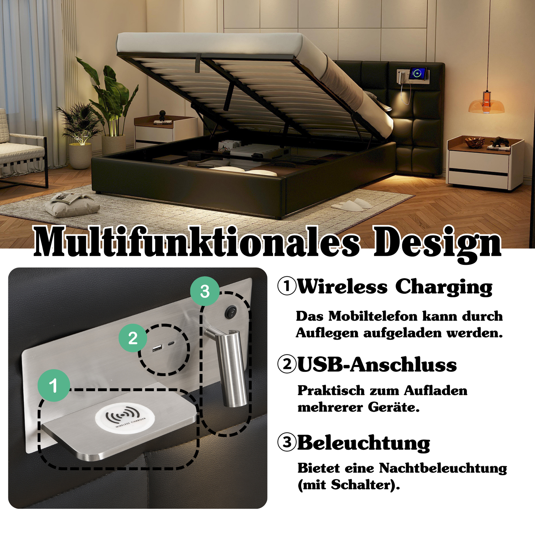 Upholstered Bed 180x200cm Hydraulic Storage USB/Wireless Charging LED Lamp - PU Black