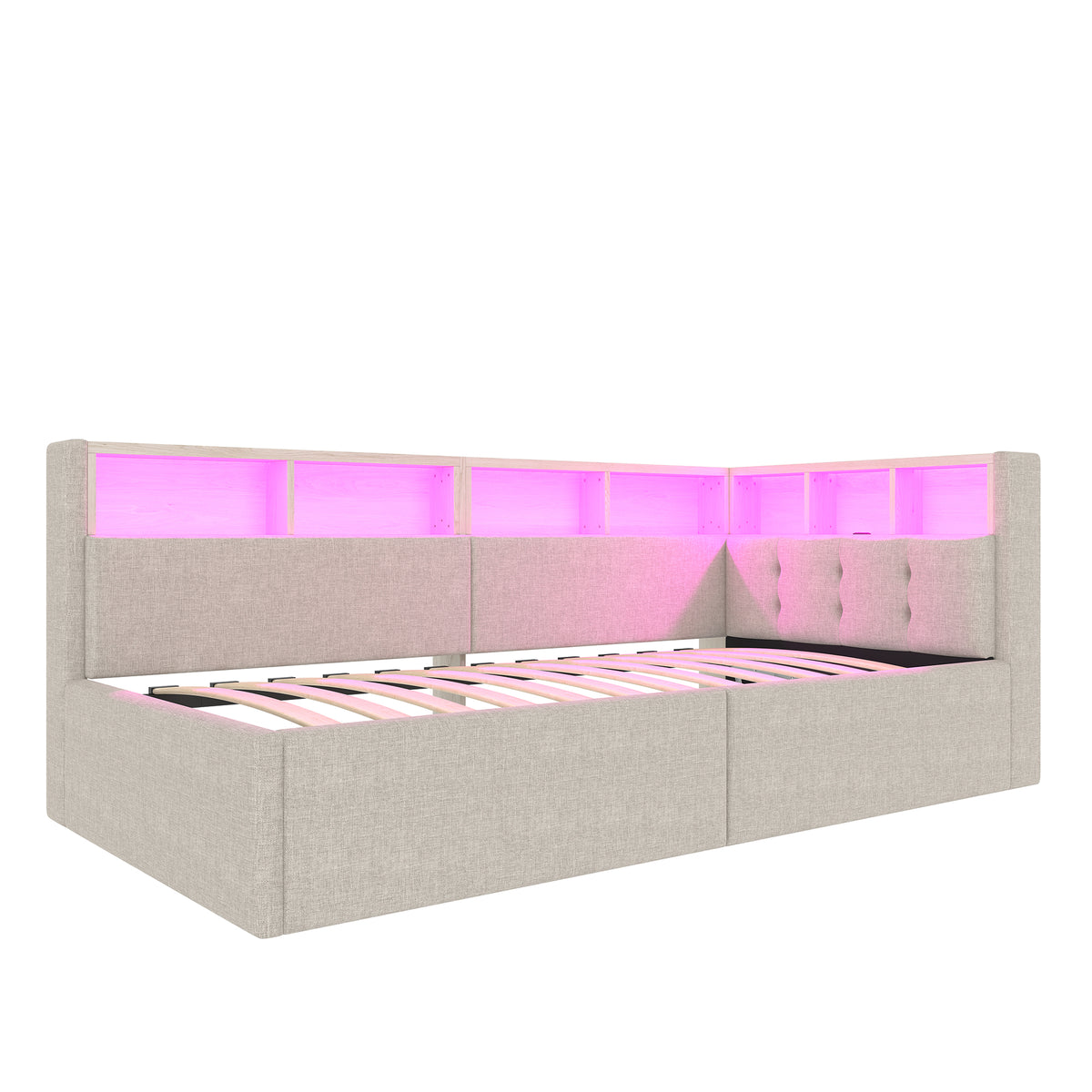 Daybed 90x200cm with Hydraulic Storage & LED, Beige Linen