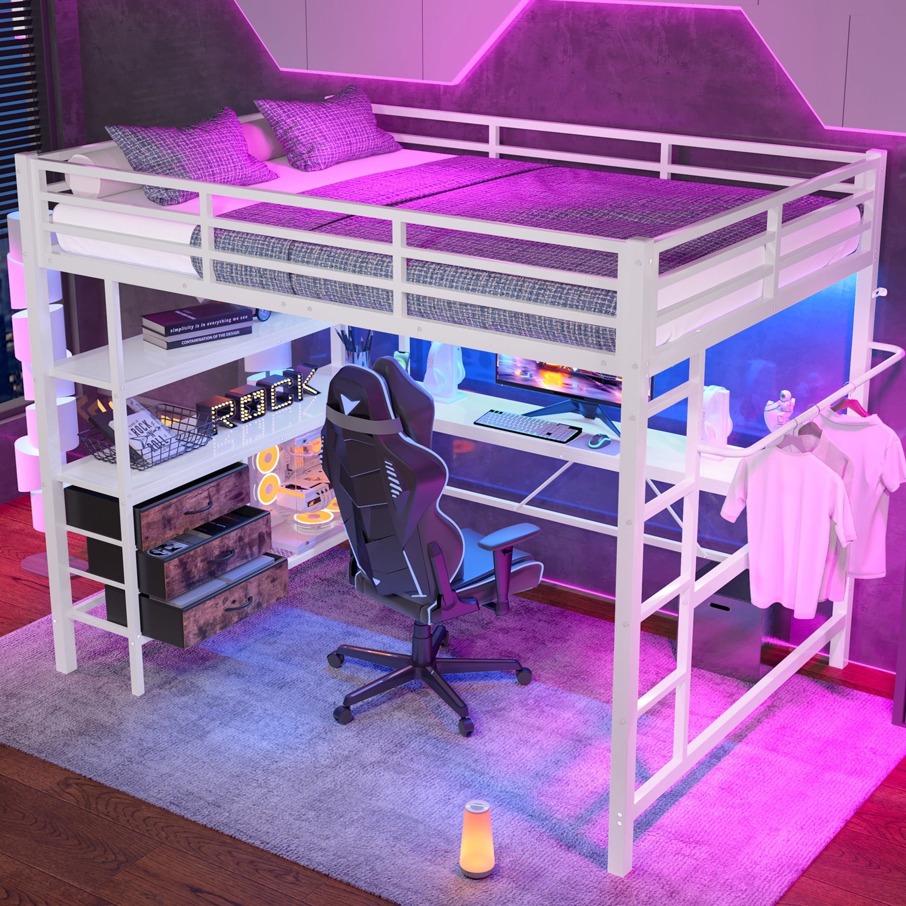 Loft Bed 140x200cm LED Desk USB/Power 3 Drawers Stairs - White