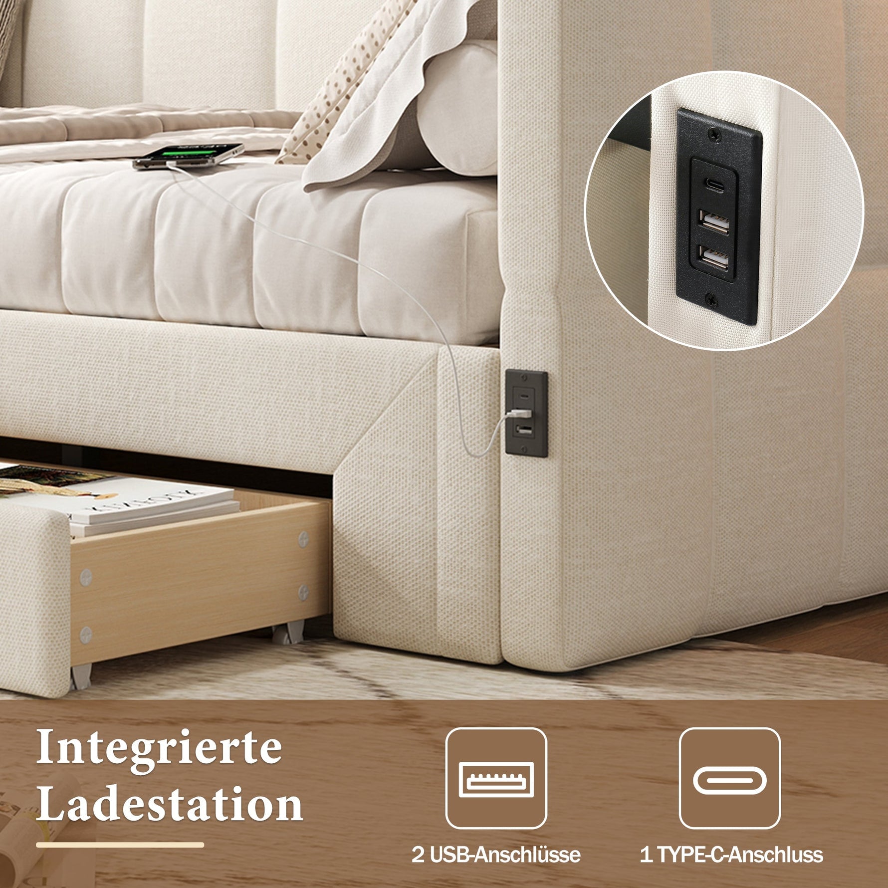 Upholstered Daybed Sofa Bed Extendable 90x200cm Storage Drawers USB Port Beige Linen