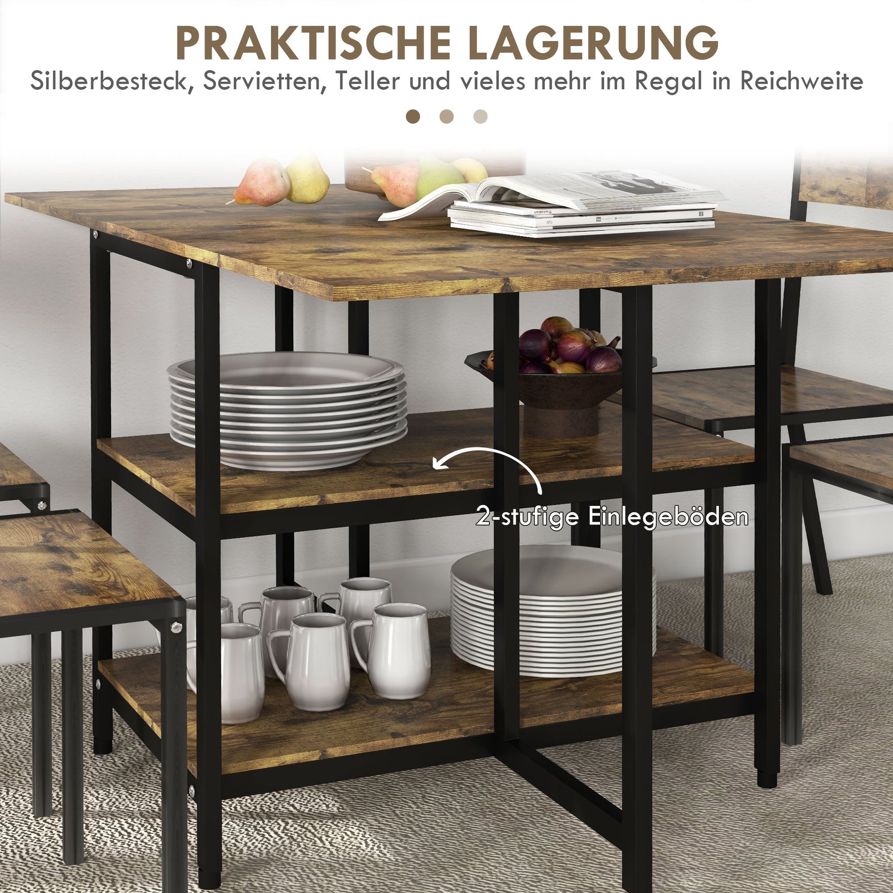 Folding Dining Table, Wheels, 140x80cm, 2-6 People, Rustic Brown Steel