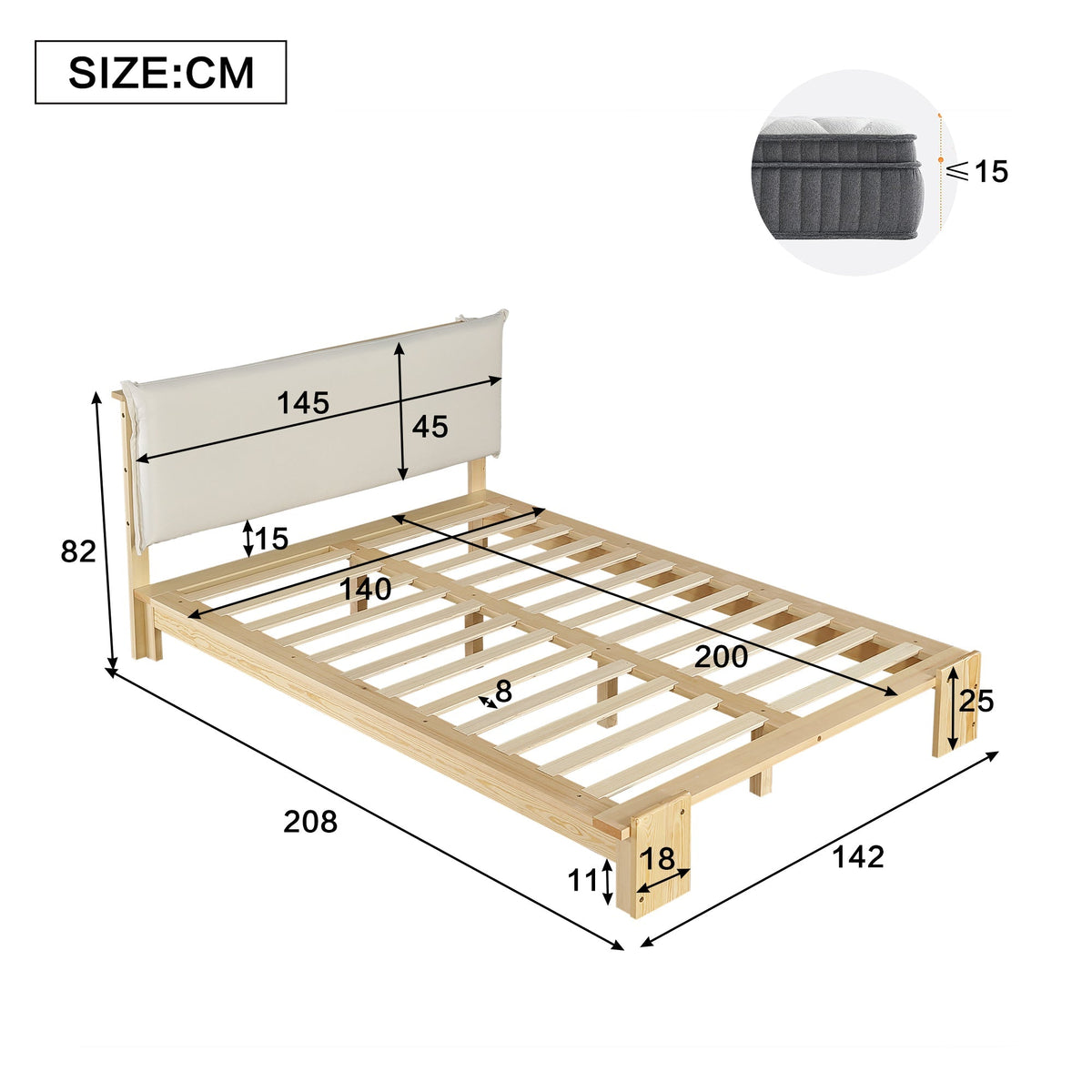 Upholstered Bed with Padded Headboard and Sturdy Slatted Base, 140x200cm, Natural Pine
