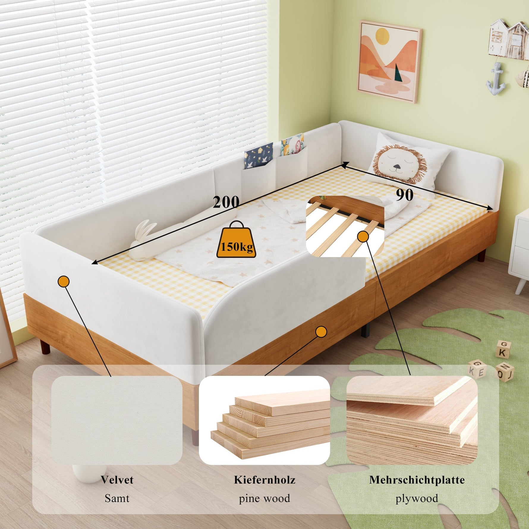 Upholstered Single Bed with 2 Storage Pockets and Anti-Collision Edge, 90x200cm, White Velvet and Wood
