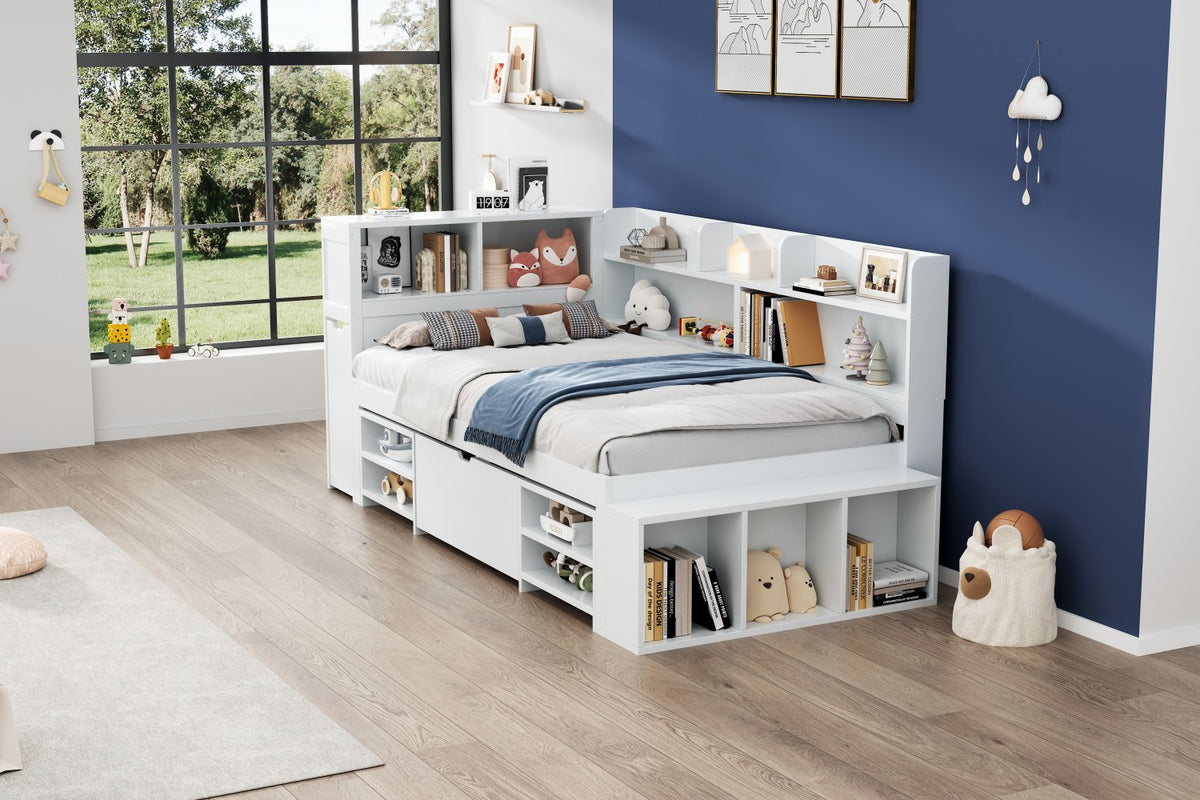 Children's Bed 90x200cm with Drawers & Bookshelf, White