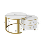 Coffee Table, 2-in-1 Round with 2 Drawers, White Marble & MDF