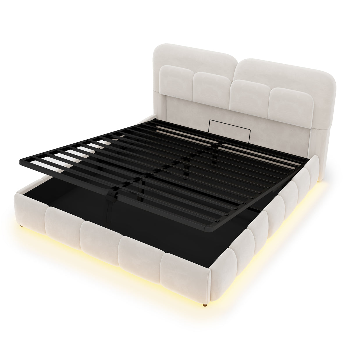 Upholstered Double Bed 140x200 Light Strip Storage Beige Velvet