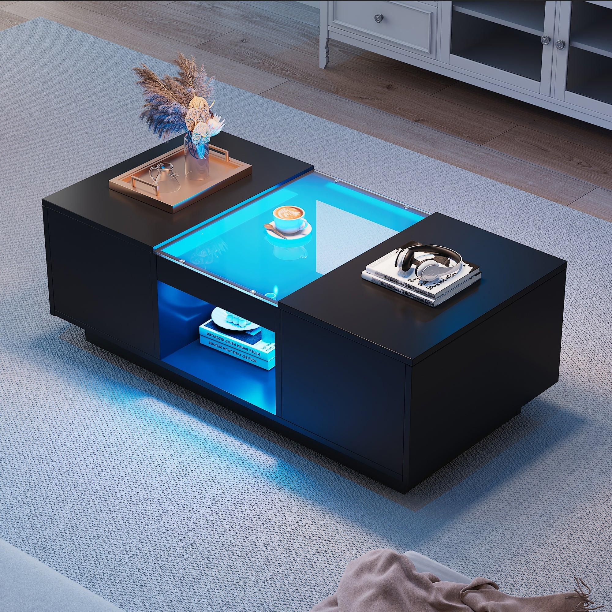 Black Coffee Table with Glass Panel, LED Lighting, App Control, 2 Drawers, 100x50x35.5 cm
