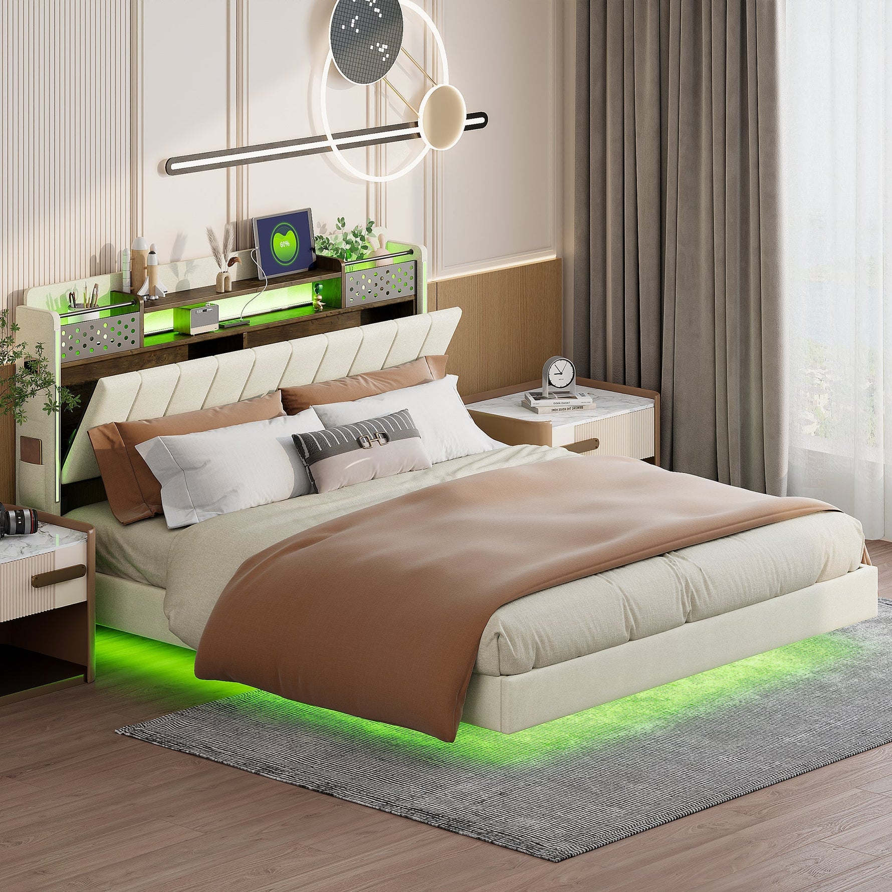 Upholstered Bed, 160*200 LED, USB, Storage, Floating, Linen Fabric, Beige