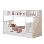 Children's Bunk Bed with Safety Stairs, Storage Drawers, Slatted Base, White Solid Wood
