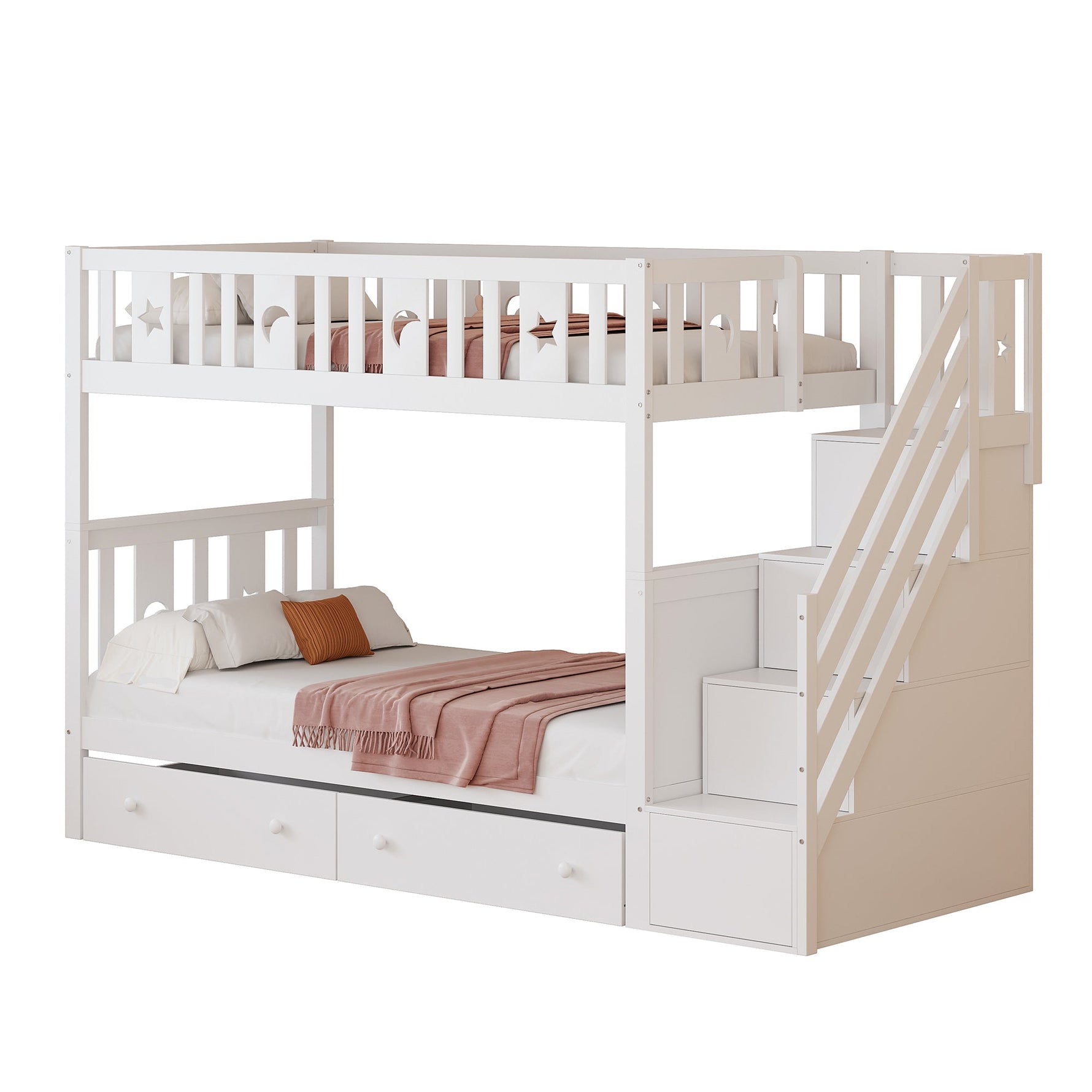 Children's Bunk Bed with Safety Stairs, Storage Drawers, Slatted Base, White Solid Wood