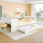 Wooden Flatbed Double Bed with Desk, Trundle and Shelves, White Pine and Chipboard