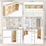 Iron Loft Bed, Double Storage, Wardrobe, White & Natural Iron