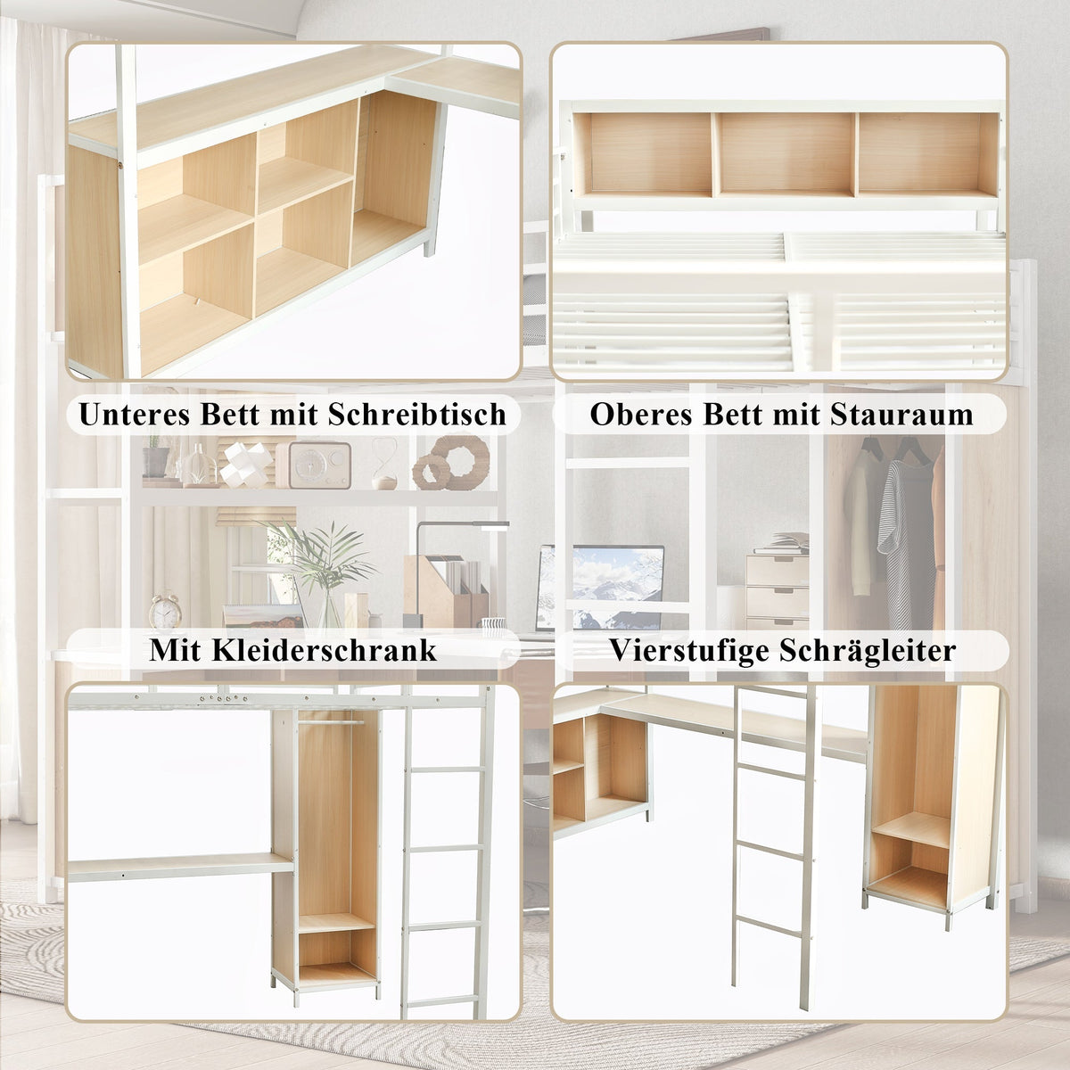 Iron Loft Bed, Double Storage, Wardrobe, White & Natural Iron