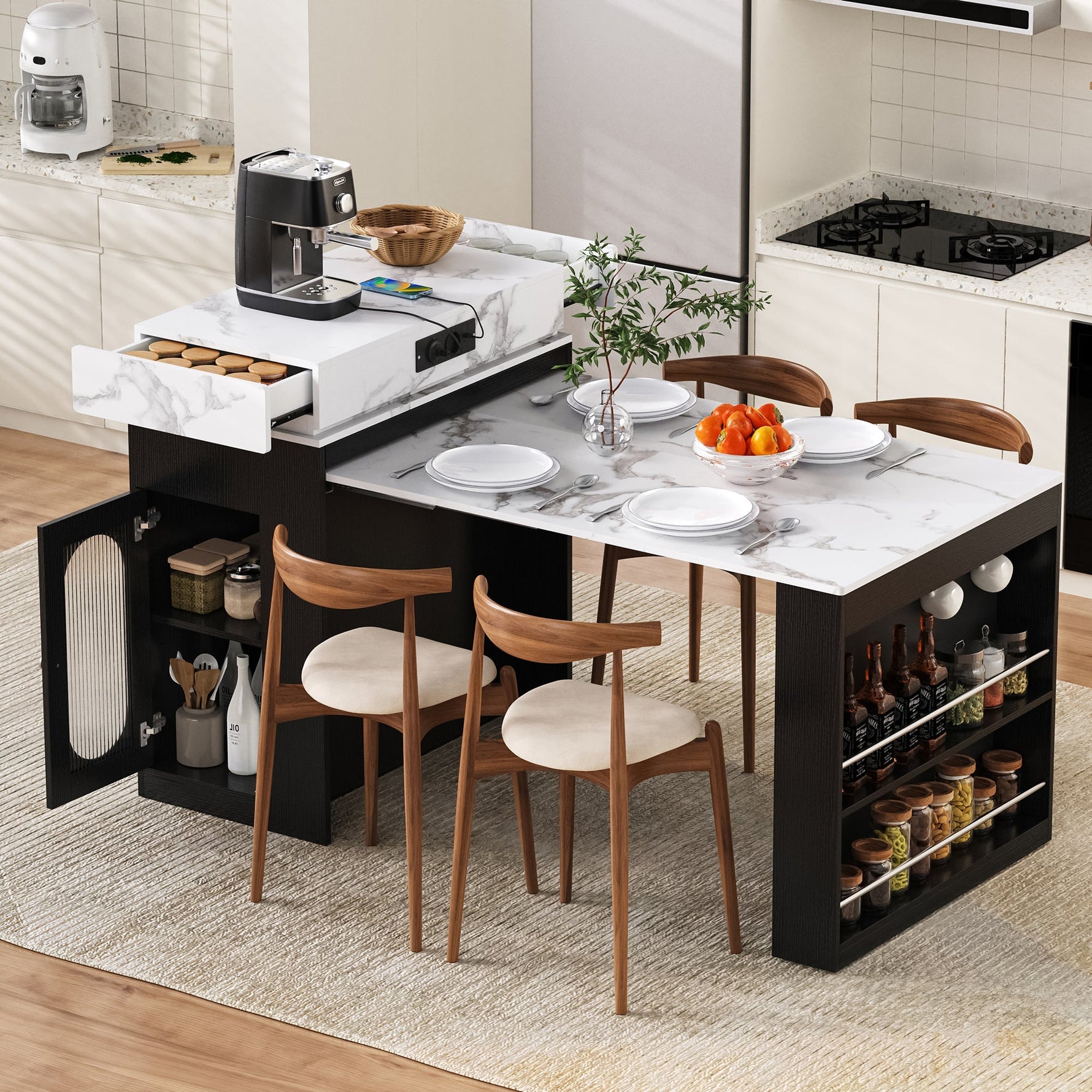 Kitchen Island Mobile Extendable Folding Table Power Strips - Black