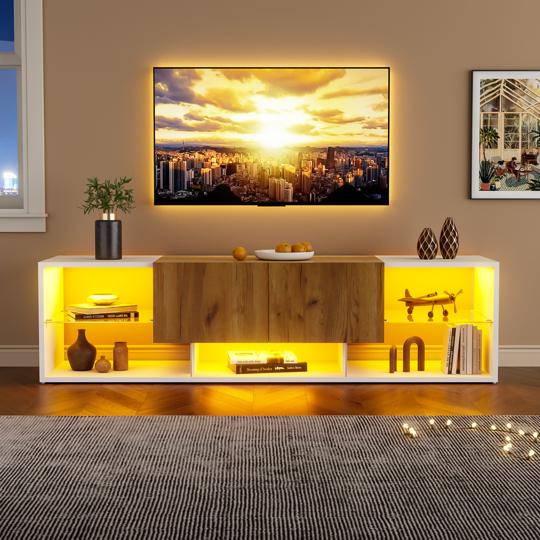 TV Console Cabinet 3-Tier Entertainment Center Glass Shelf 2 Drawers, White