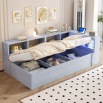 Sofa Bed 90x200cm with Storage, Socket & LED, Grey Wood
