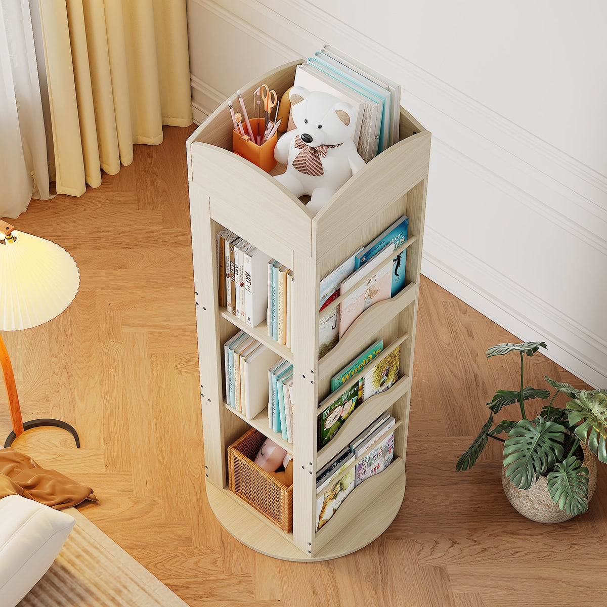 Rotating Bookshelf with 360-Degree Rotation and 4 Shelves, Wood