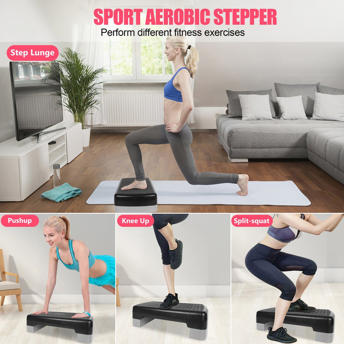 Fitness Step Platform Aerobic Stepper, 45.72cm Height Adjustable 10.16-15.24cm, Grey