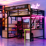 Metal Loft Bed with Desk, Shelf, Storage Net, LED and Socket, 140x200cm, Black Metal