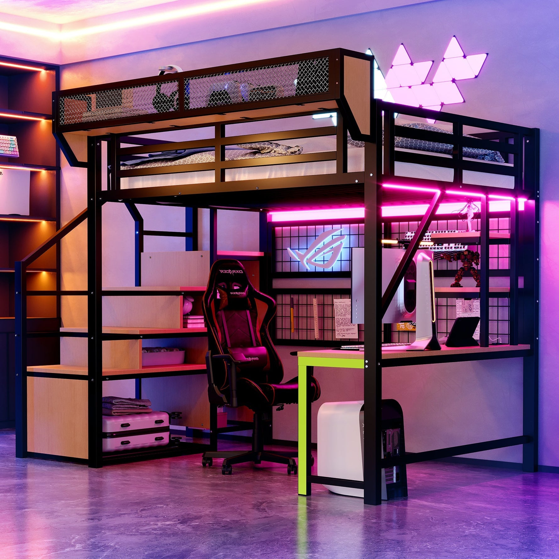 Metal Loft Bed with Desk, Shelf, Storage Net, LED and Socket, 140x200cm, Black Metal