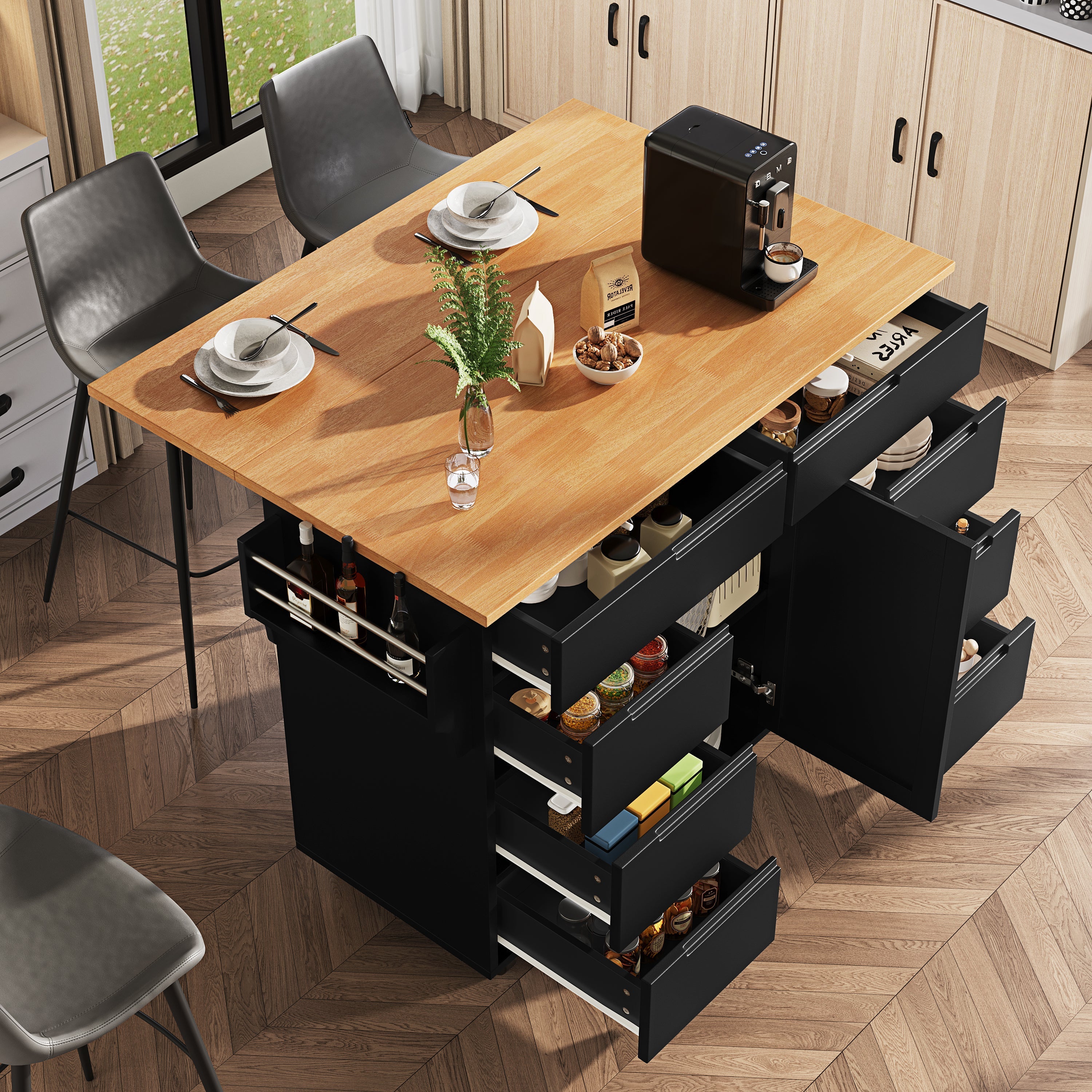 Kitchen Island Extendable Mobile Worktop 8 Drawers Spice Rack - Black