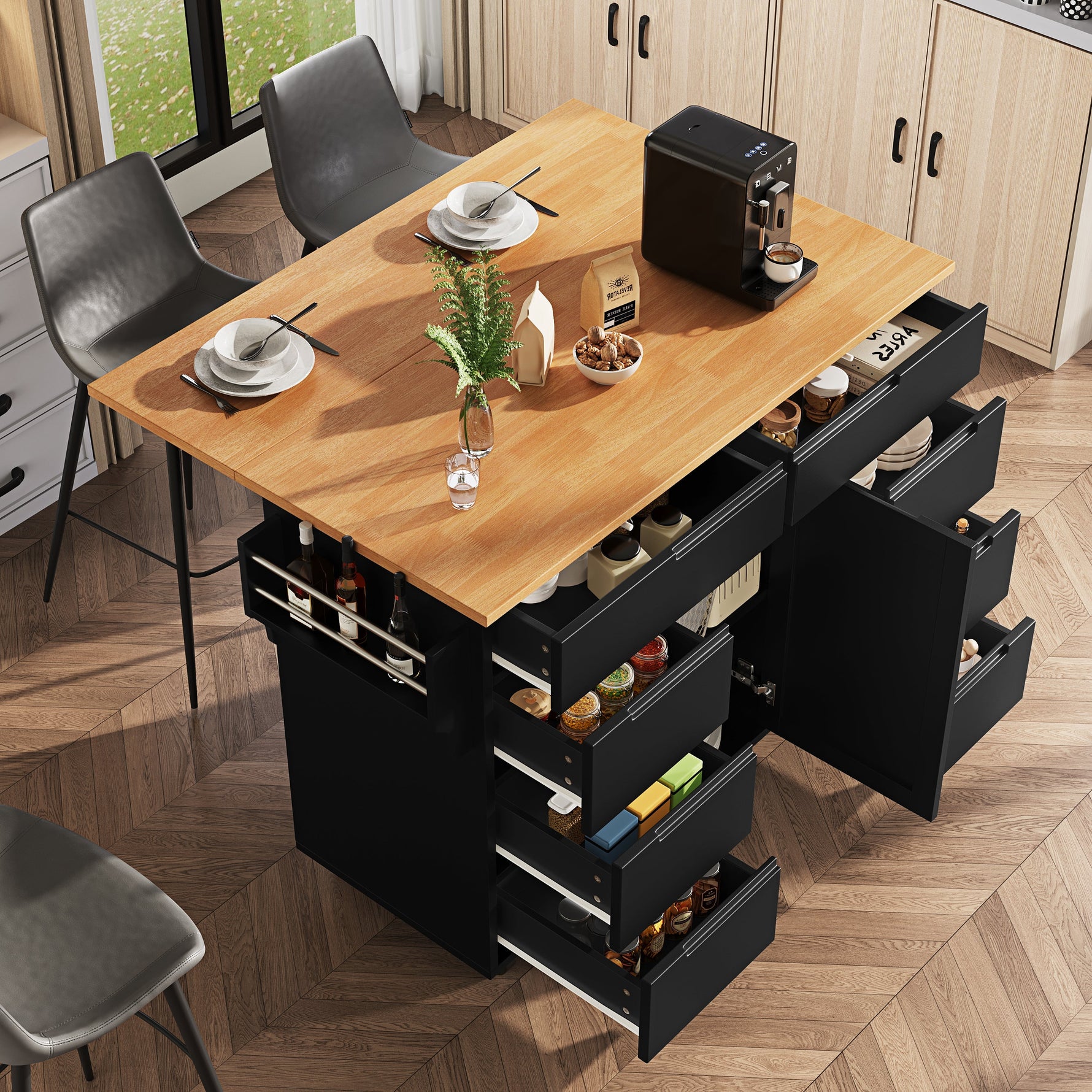 Kitchen Island Extendable Mobile Worktop 8 Drawers Spice Rack - Black