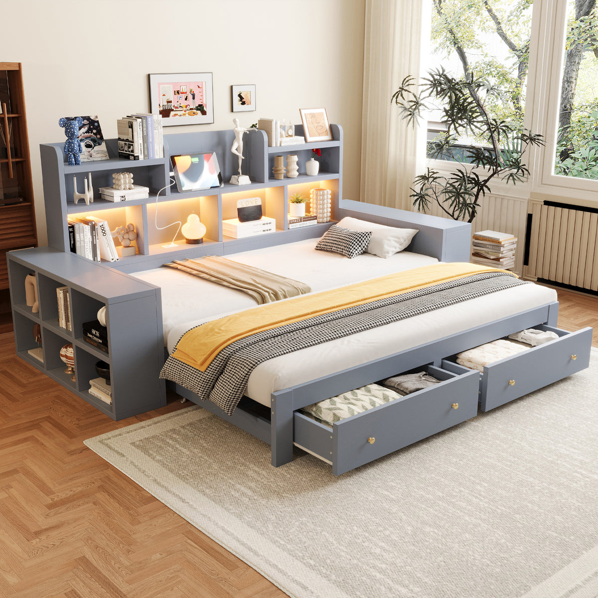 Extendable Sofa Bed 90/180x200cm with Storage & LED, Grey Wood