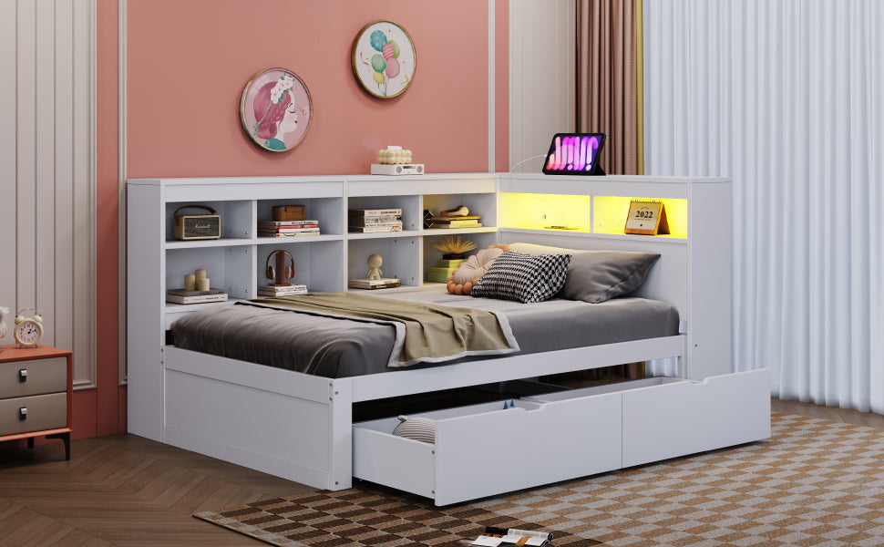 Solid Wood Sofa Bed 90x200cm Multifunctional USB/LED Storage, White