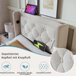 Upholstered Single Bed, Hydraulic Storage with USB & LED, Beige Cotton
