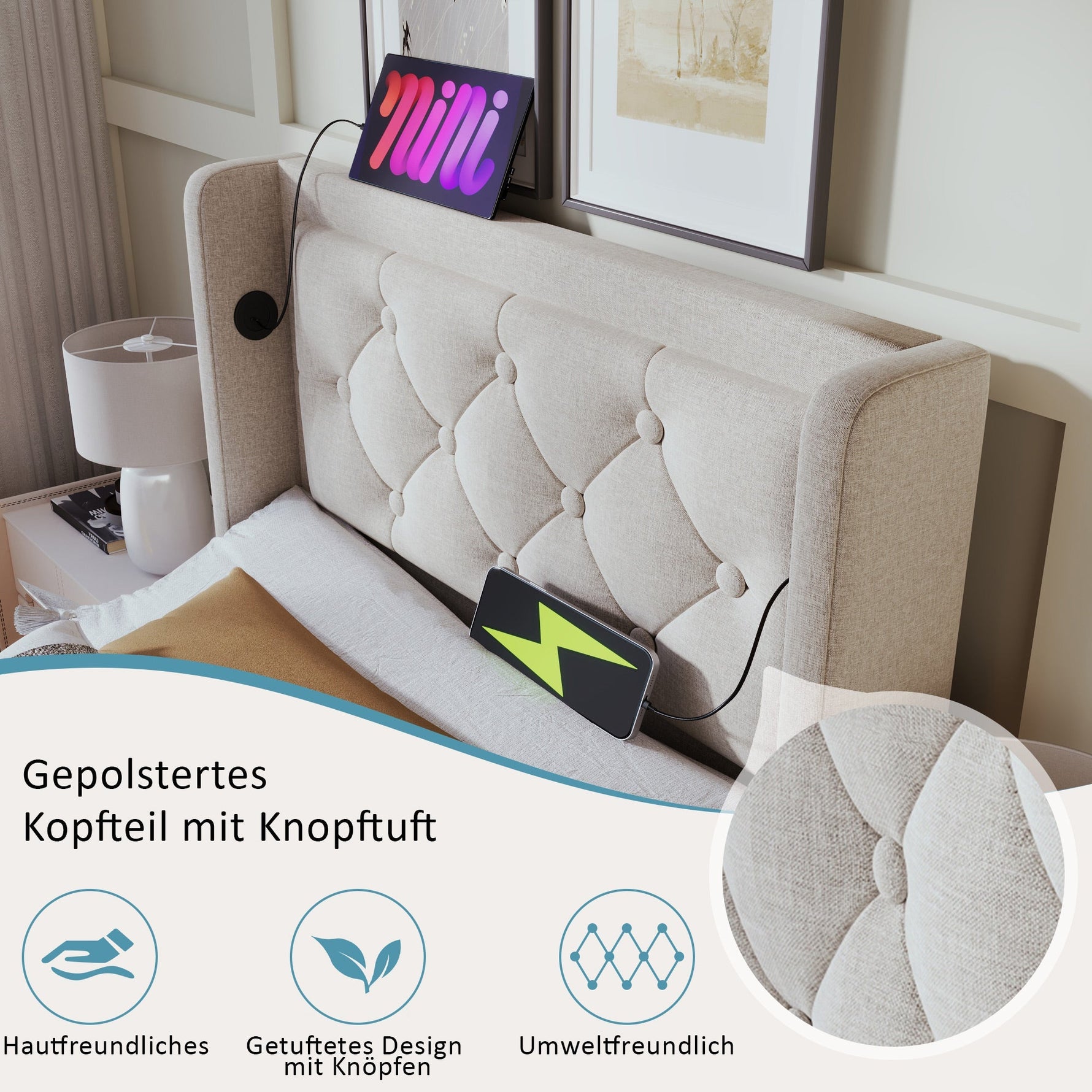 Upholstered Single Bed, Hydraulic Storage with USB & LED, Beige Cotton