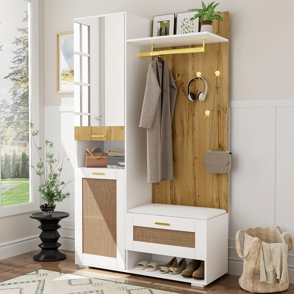 Wardrobe Set | 6-Hook Mirror Shoe Cabinet Bench | 16-Color LED Lighting