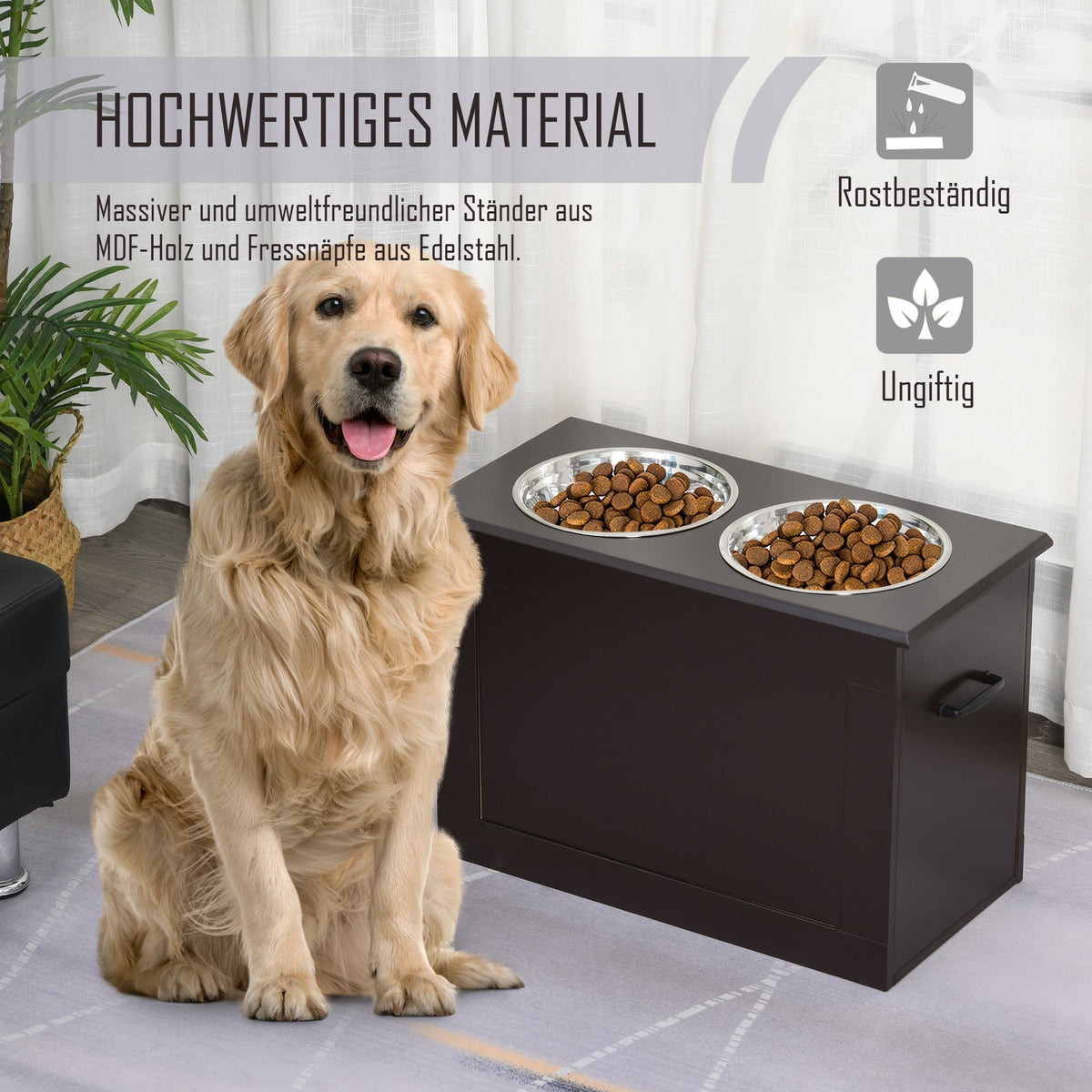Dog Food Bowl, Elevated Feeder with Storage, 2 Stainless Steel Bowls, Espresso MDF