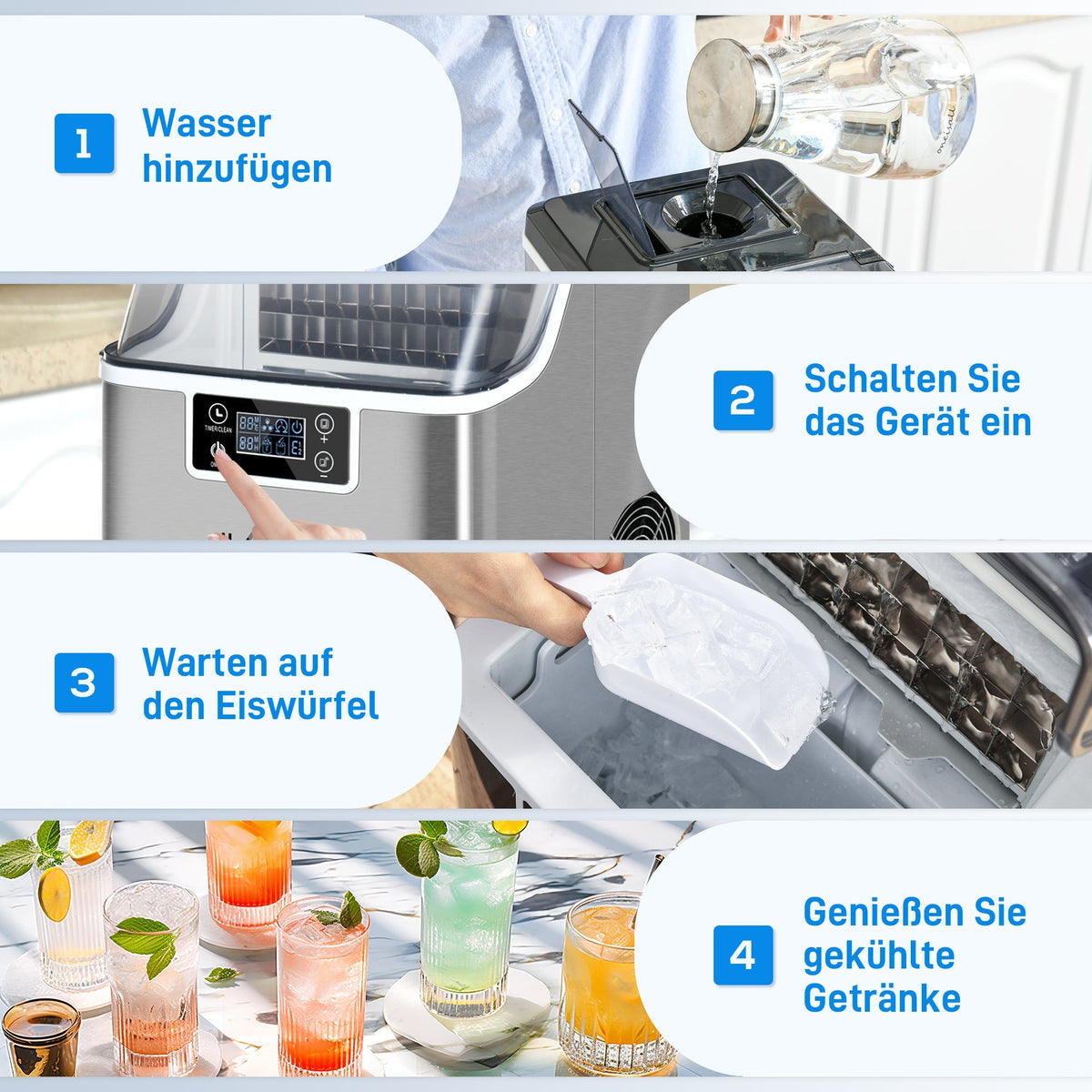 Ice Cube Maker, 20 kg/24h, 2.3L/3.2L, Automatic Cleaning, Stainless Steel, Silver
