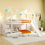 Children's Bunk Bed 90x200 cm, Loft with Slide & Storage Ladder, Solid Wood, White