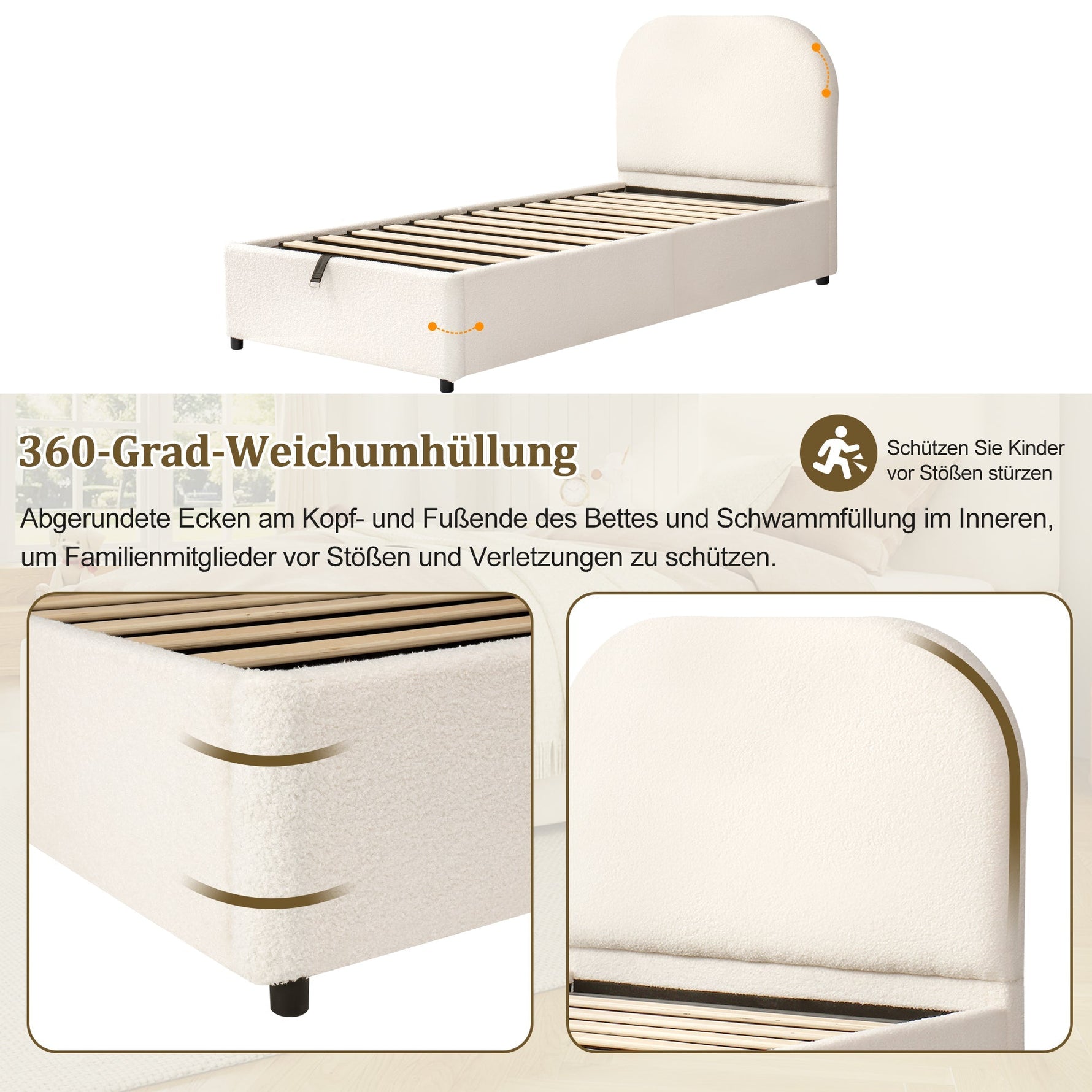 Upholstered Bed, 90x200cm Single Children's Bed with Hydraulic Storage and Slatted Base, Beige Bouclé