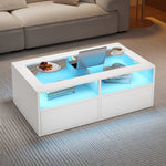 Coffee Table with LED Light and 2 Drawers, Glass and White