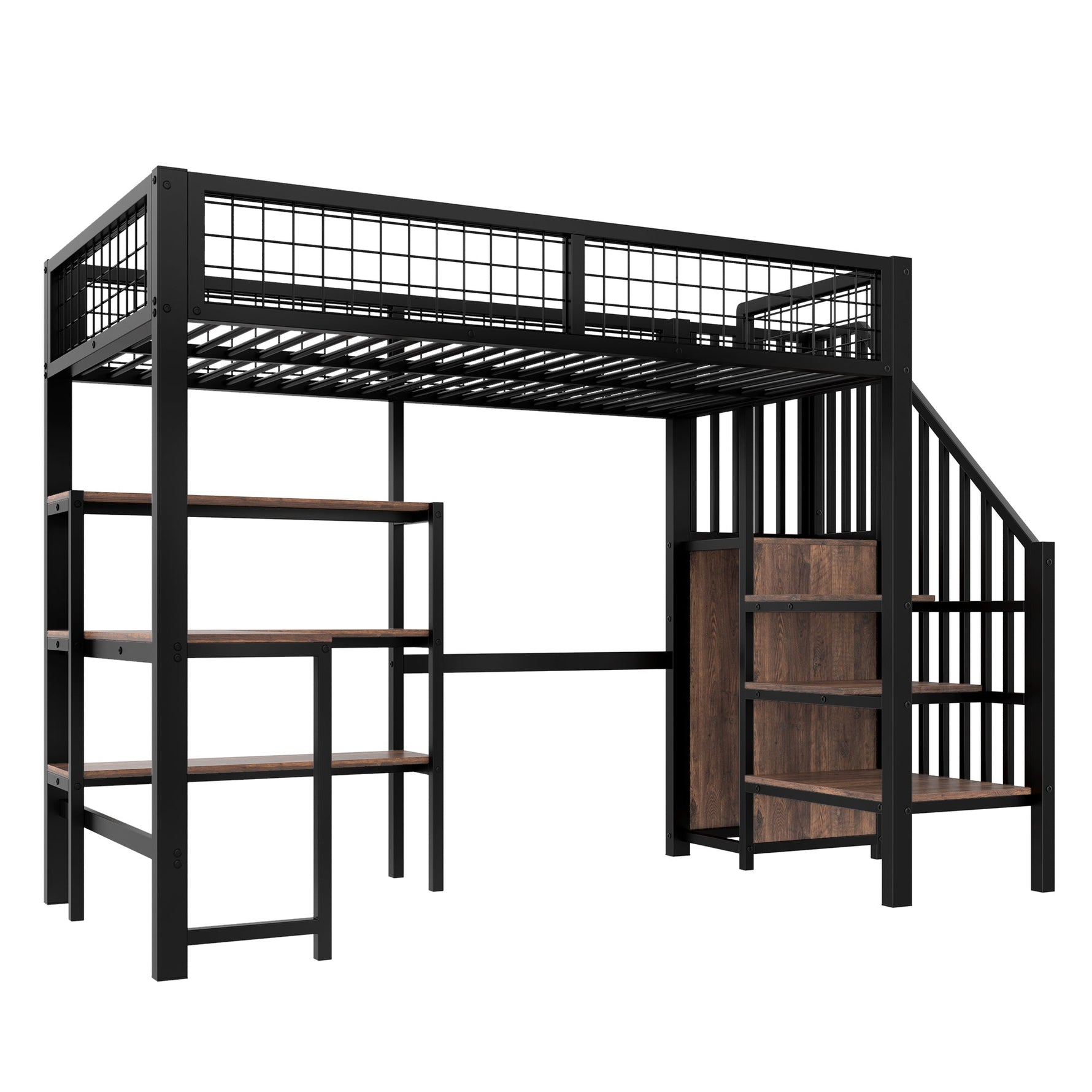 Loft Bed 90*200cm with Desk, Wardrobe and Storage Shelves, Black Iron and MDF